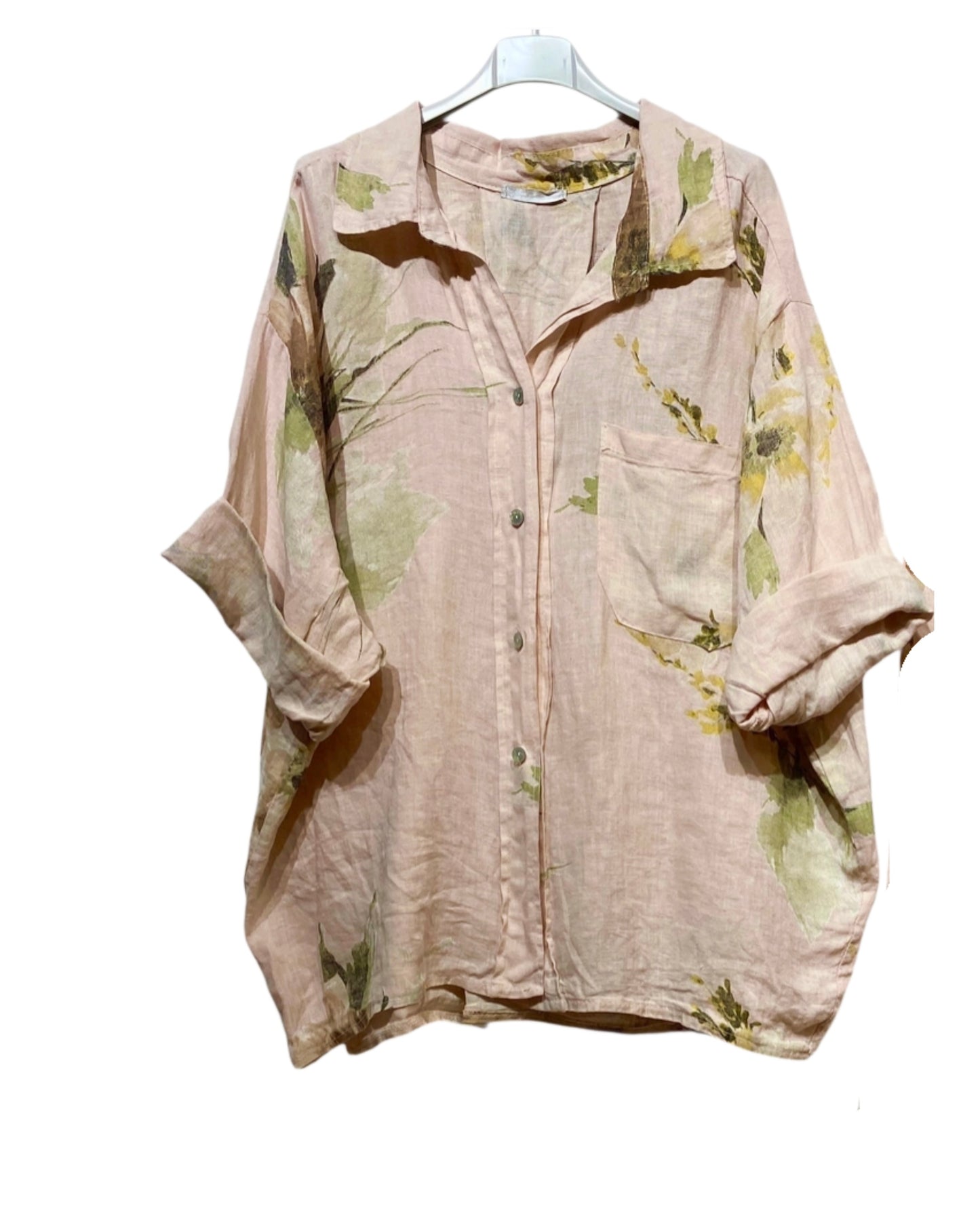 LINEN - Floral Blouse w/ front Pockets - 350 - Pink