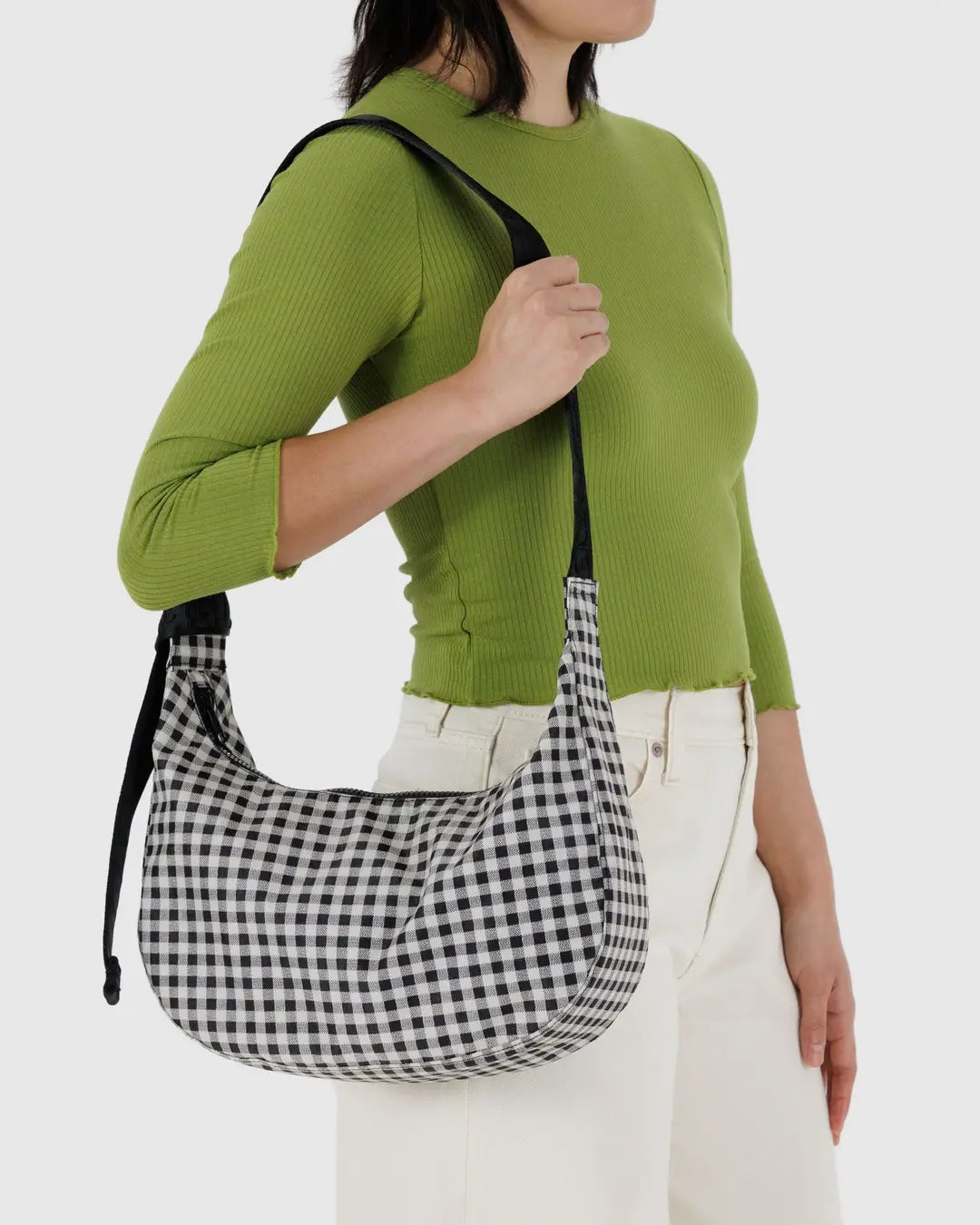 BAGGU - Medium Nylon Crescent Bag, Black & White Gingham