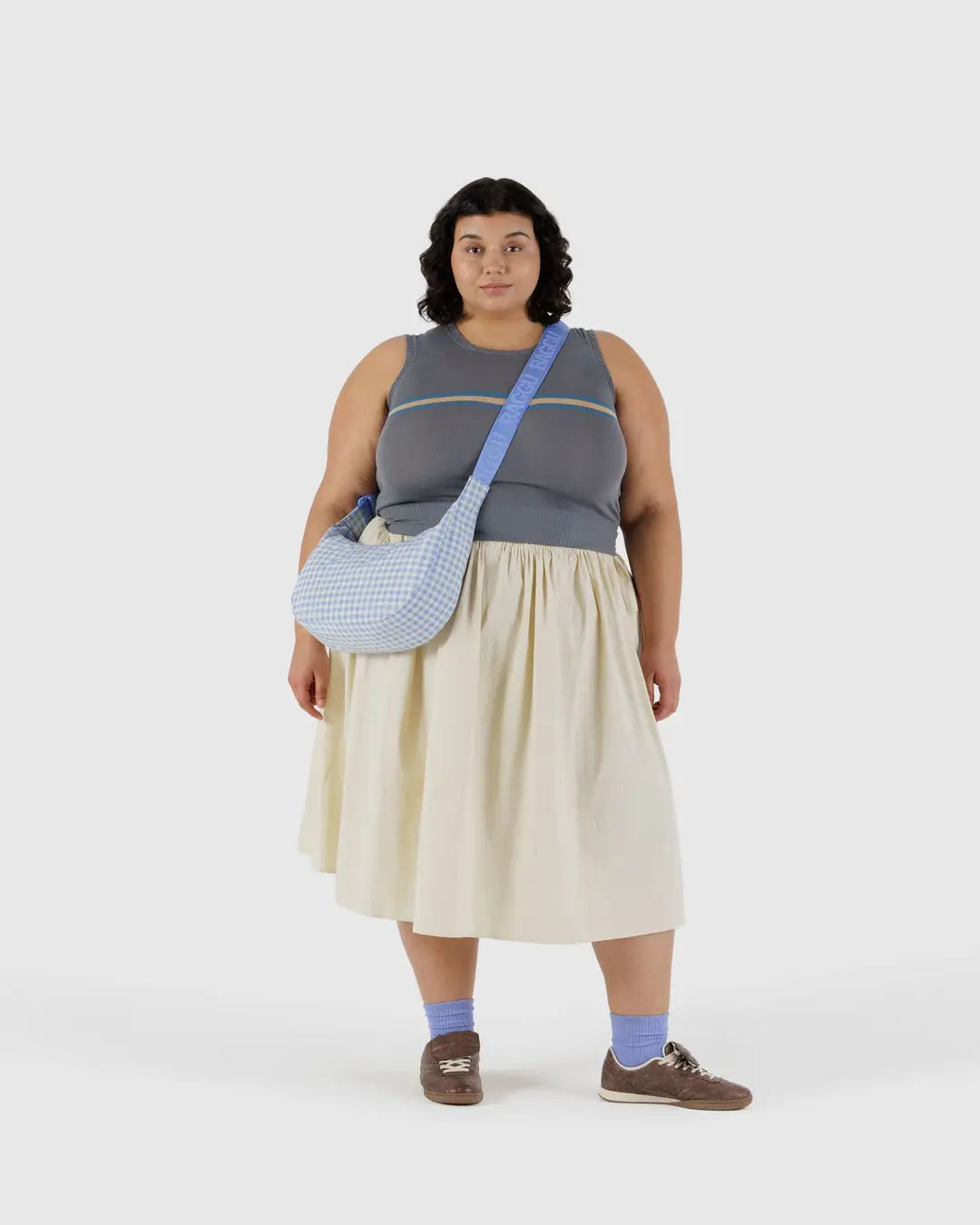 BAGGU - Medium Nylon Cresent Bag, Light Blue Gingham