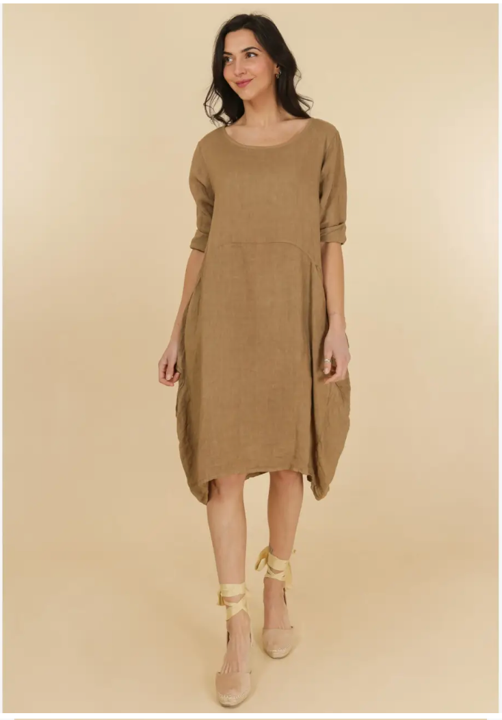 Linen Stretch Back Long Dress 625344 - tan