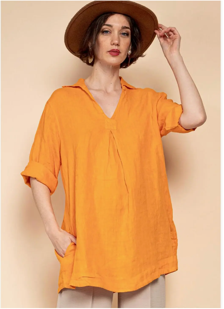 Linen Long Collared Top 680080 - dark grey
