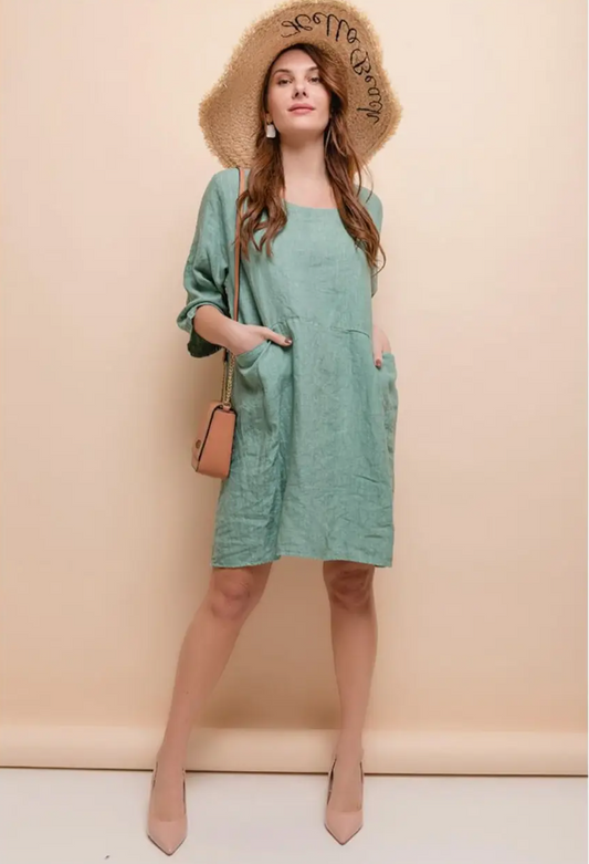 LINEN Short Dress - 6719 - Green