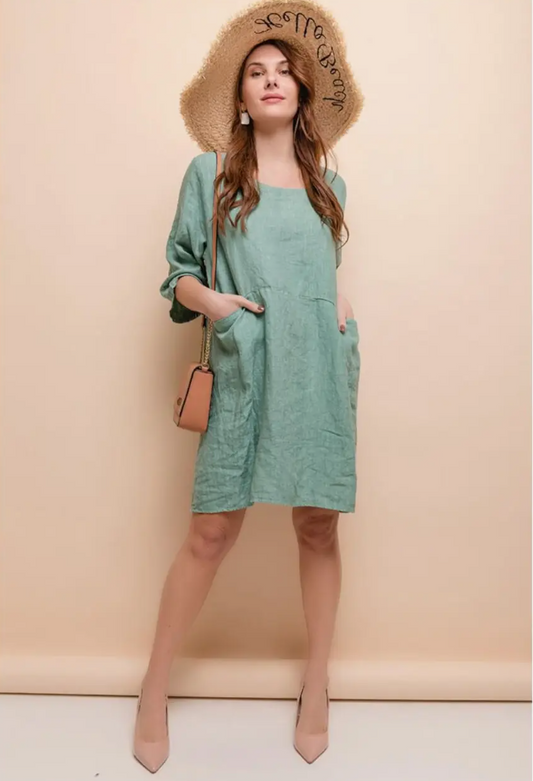 Linen Short Dress - 6719 - Green