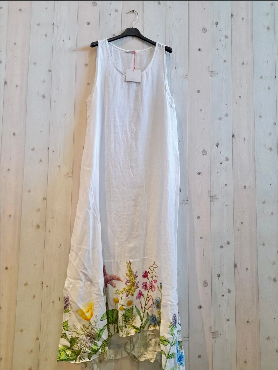 LINEN - Long Dress/Floral Bottom - 3203 - White