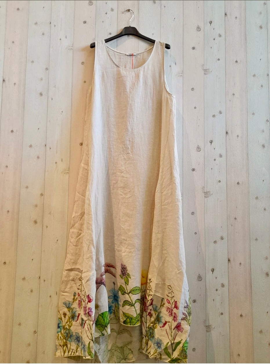 LINEN- Long Dress/Floral Bottom - 3203 - Khaki