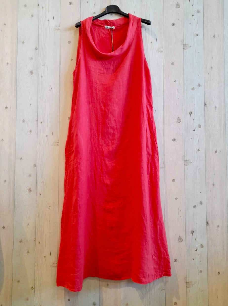 Linen - Sleeveless Boat Neck Dress - 3396 - Coral
