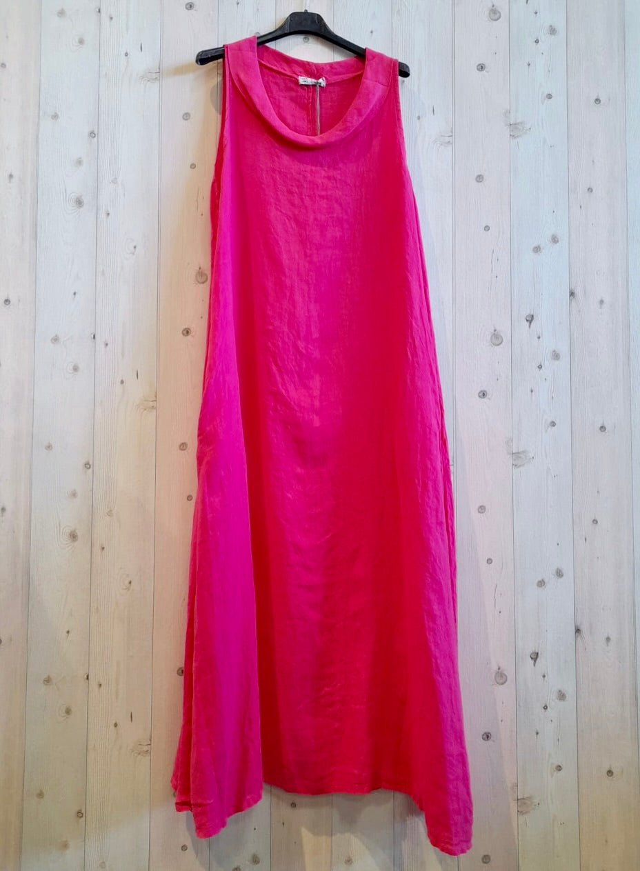 Linen - Sleeveless Boat Neck Dress - 3396 - Fuchsia