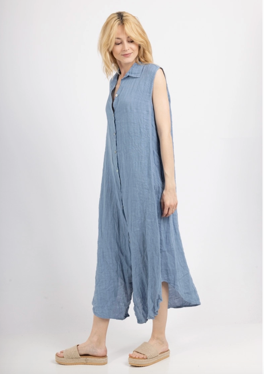 LINEN Long Striped Dress - 4906 - Denim