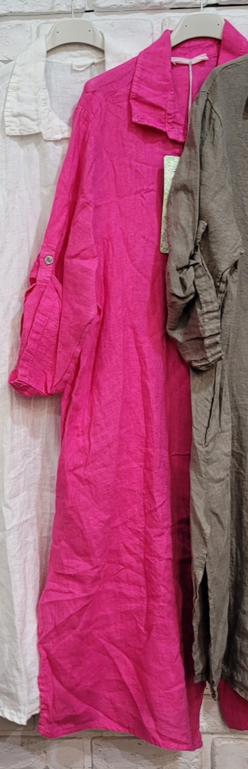 LINEN - Collared Long Shirt Dress - 693190 - Bright Pink