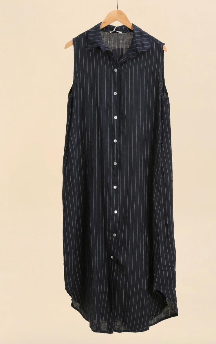 LINEN Long Striped Dress - 4906 - Navy