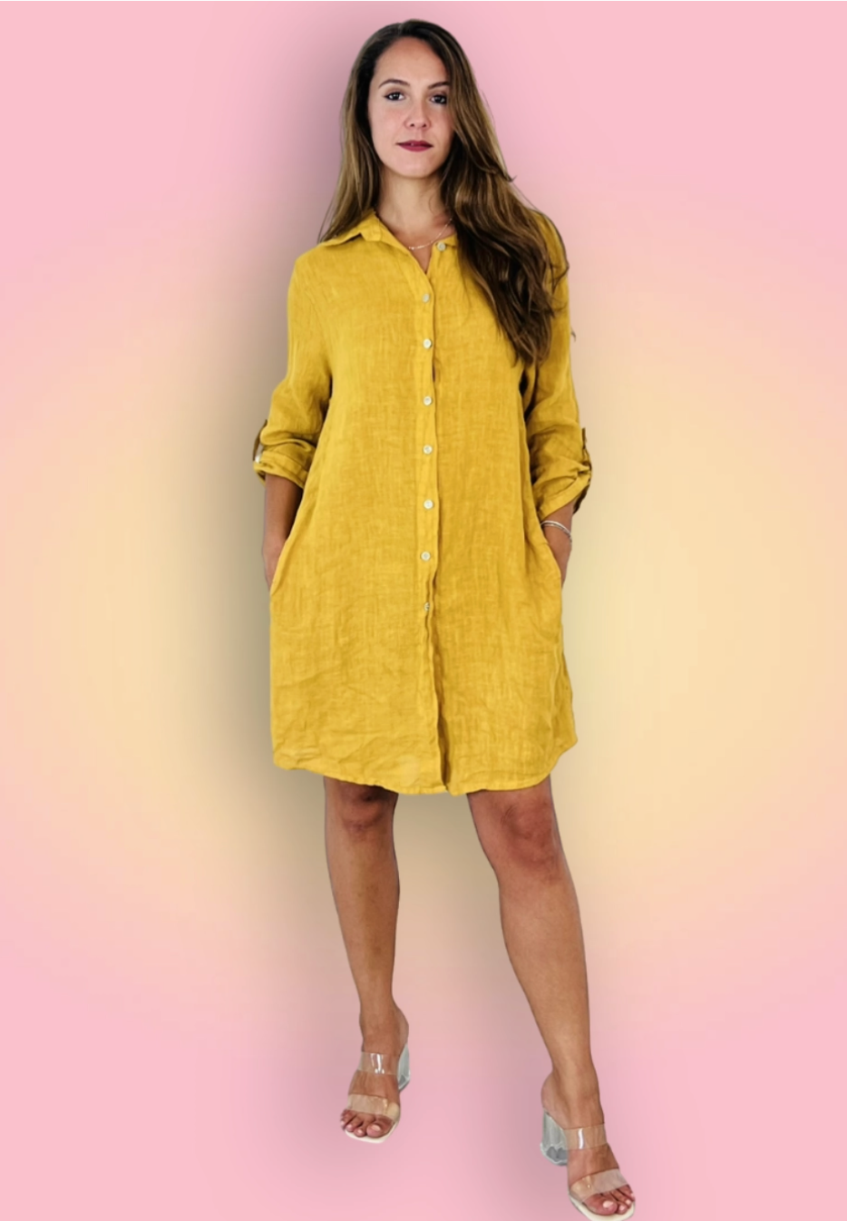LINEN - Shirt Dress - 89075 - Soft Pink