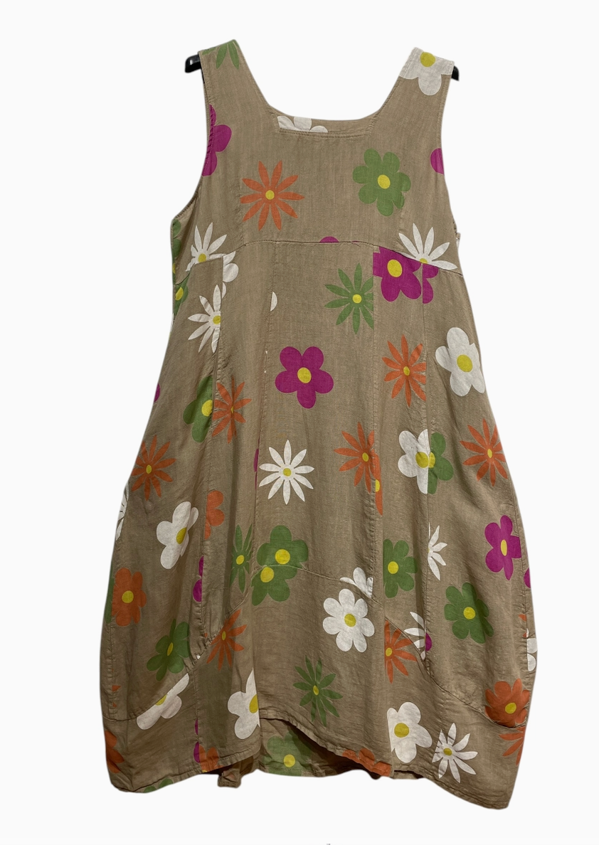 LINEN - Happy Floral Dress - 8119322 - Camel