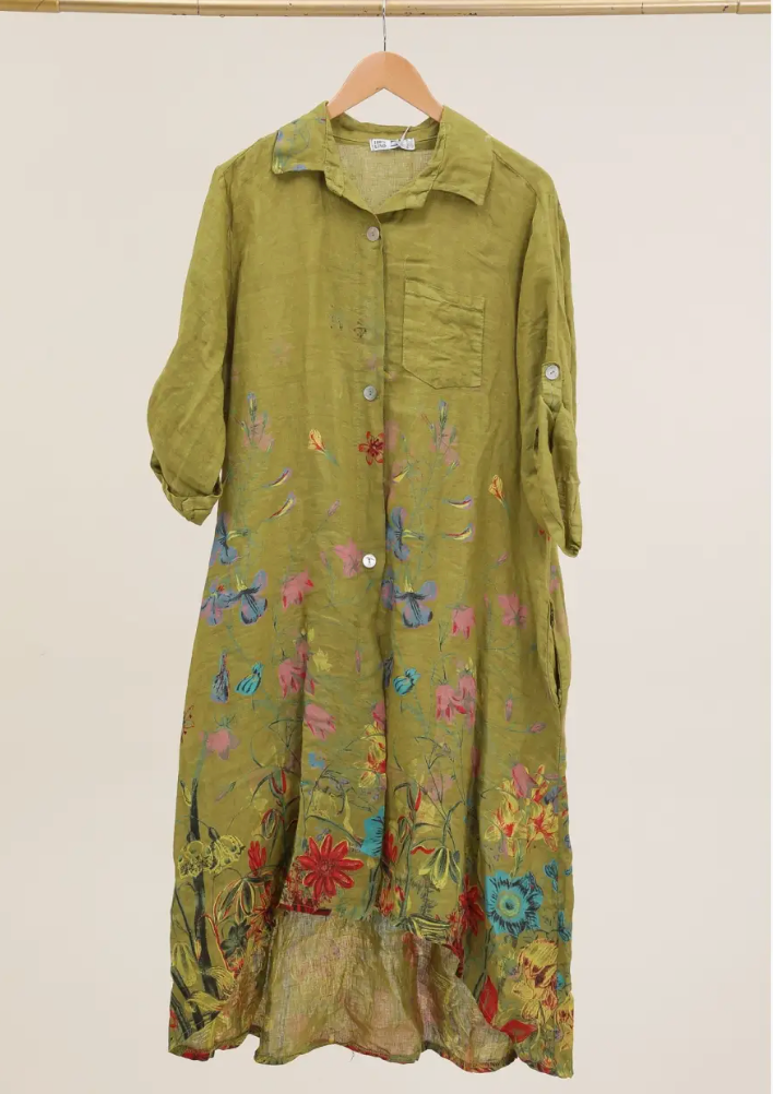 LINEN Hi-Lo Floral Dress - 71575 - Olive Green