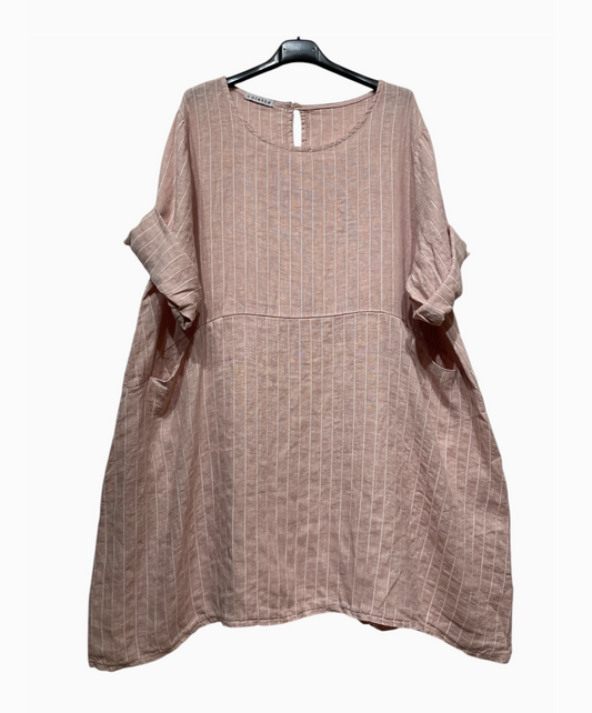 LINEN-  Short Dress - 6719 - Pink Stripe