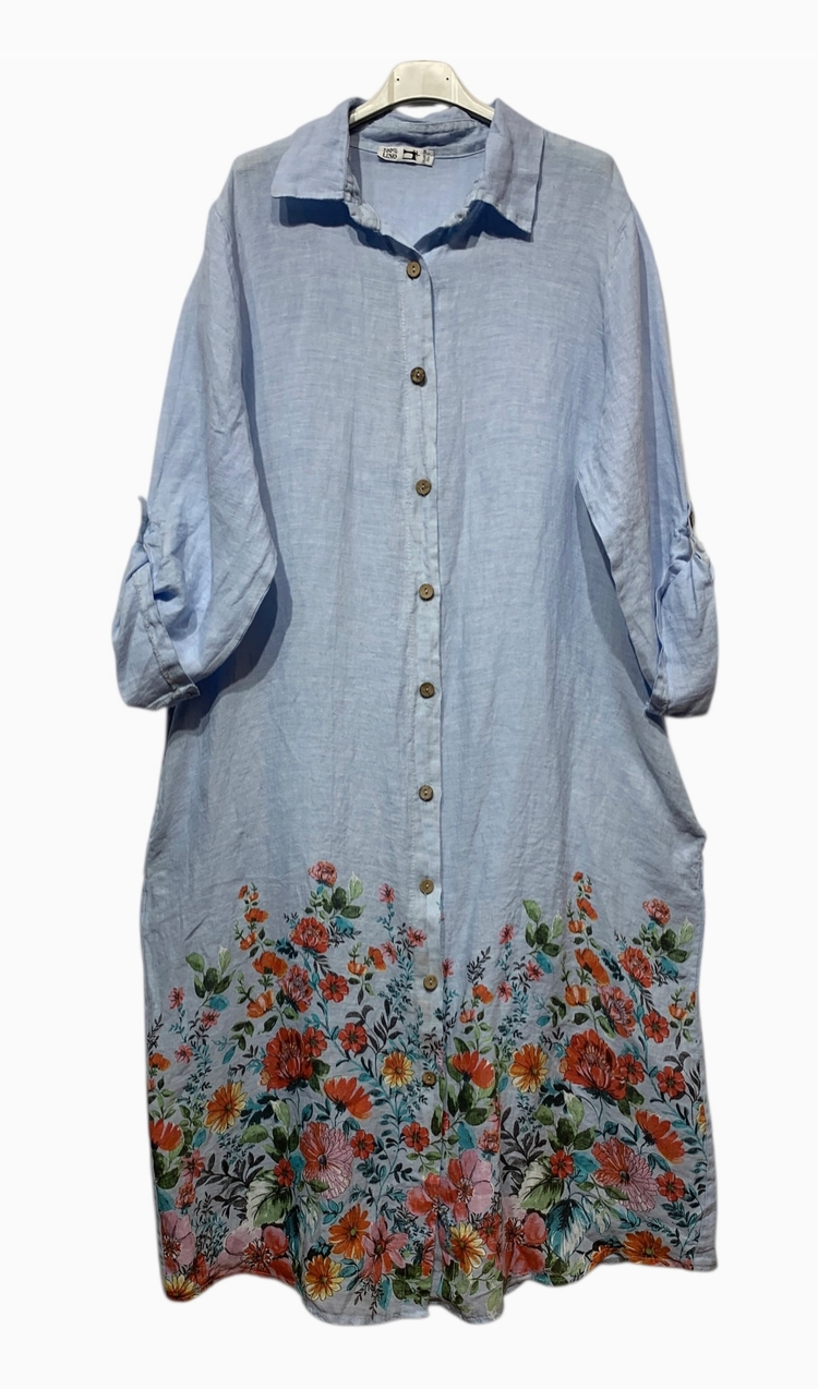 LINEN - Long Pocketed Shirt w/ Floral Bottom - 20272B - Sky