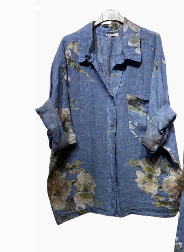 LINEN - Floral Blouse w/ front Pockets - 350 - Jeans