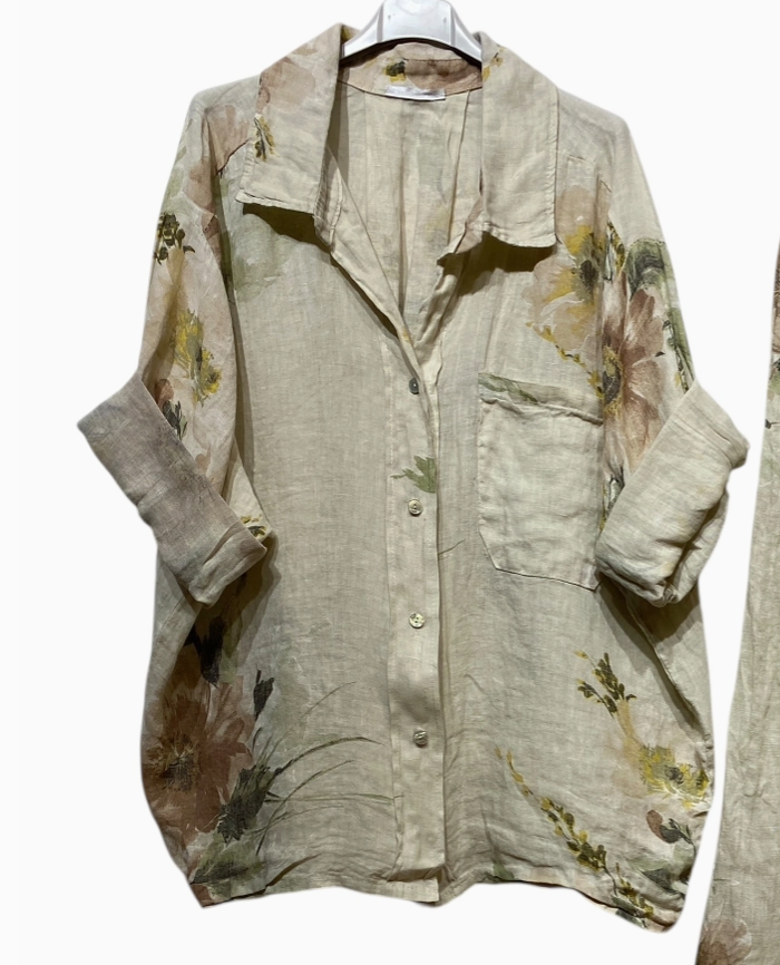 LINEN - Floral Blouse w/ front Pockets - 350 - Khaki