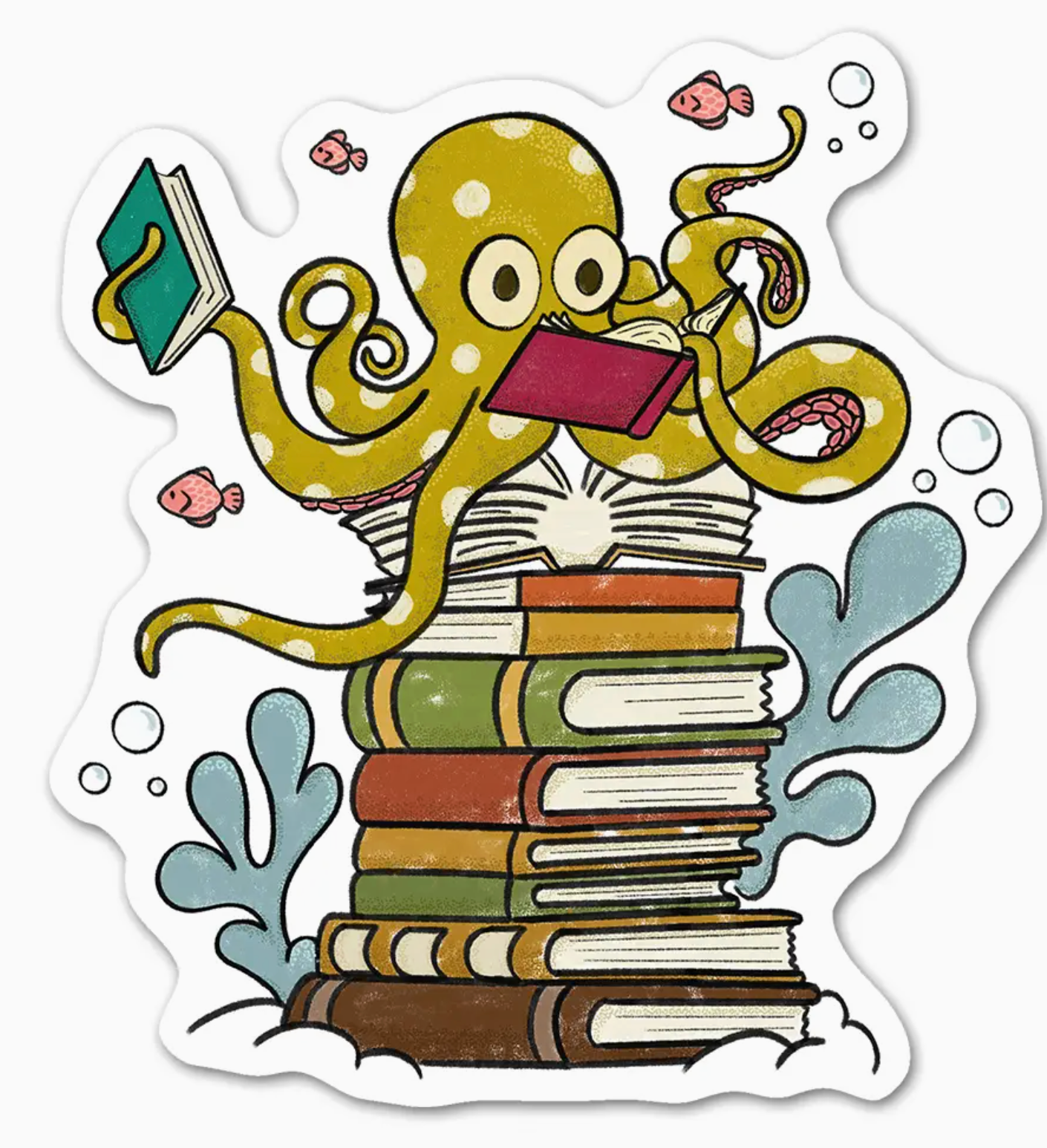 LP - Cute Bookish Octopus Reading, Book Lover Vinyl Sticker