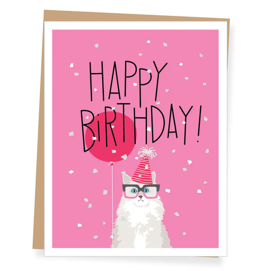 A2 - White Cat Pink Balloon Birthday Greeting Card
