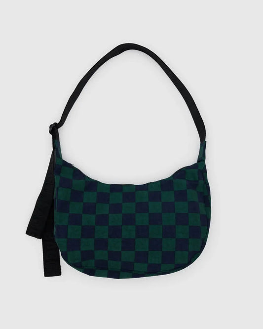 BAGGU - Medium Nylon Crescent Bag, Navy Green Check