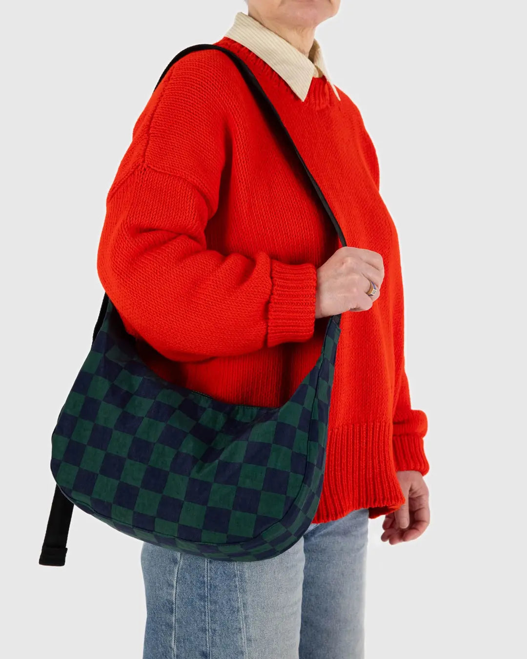 BAGGU - Medium Nylon Crescent Bag, Navy Green Check