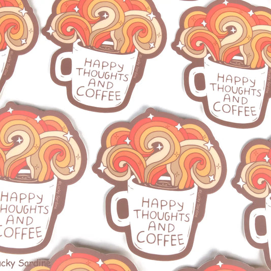 LS - Happy Thoughts & Coffee, Retro Rainbow Vinyl Sticker