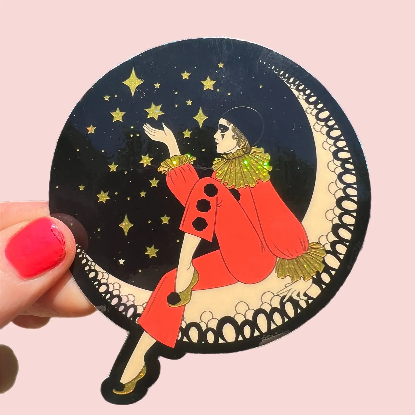 AW - Pierrot Clown On the Moon Glitter Sticker 3 Inch