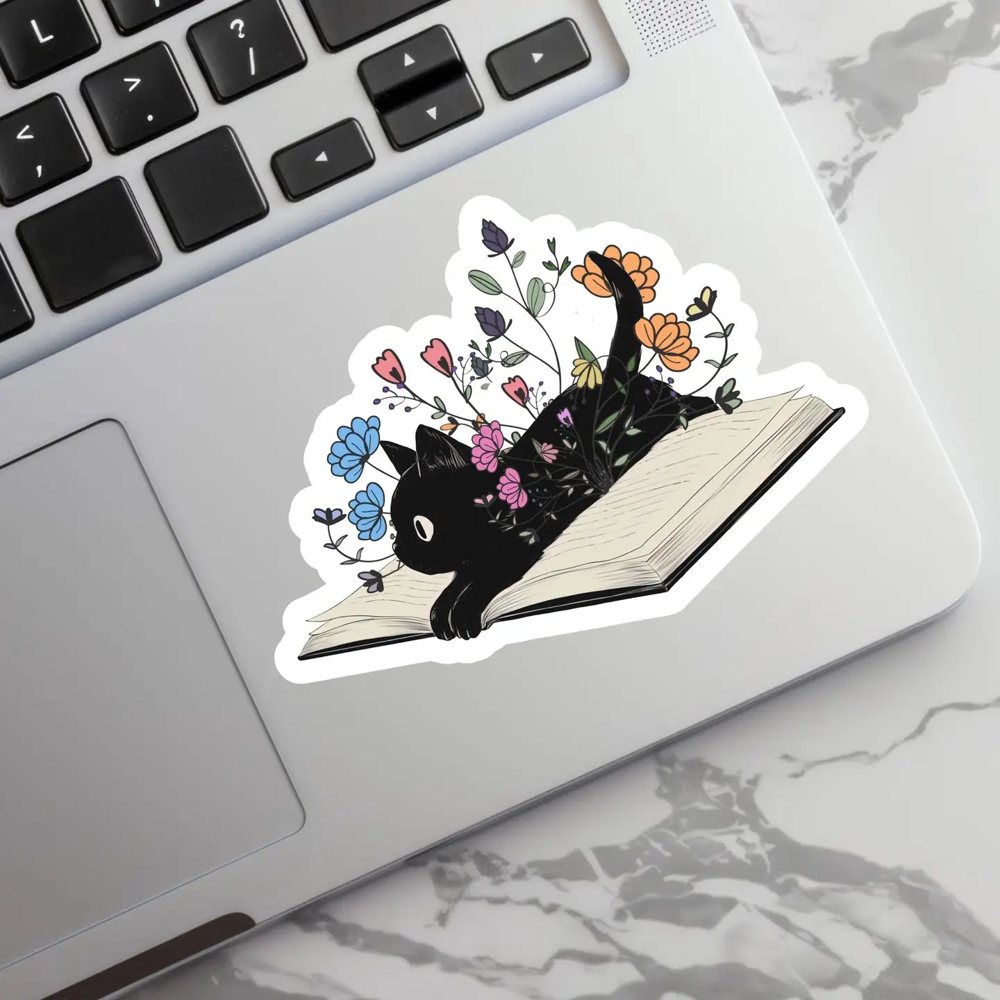 CS - Floral Black Cat with Book Sticker