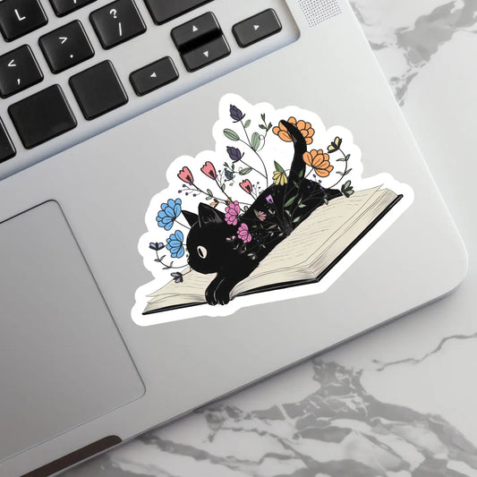 CS - Floral Black Cat with Book Sticker