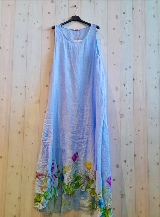 Linen - Long Dress/Floral Bottom - 3203 - Blue