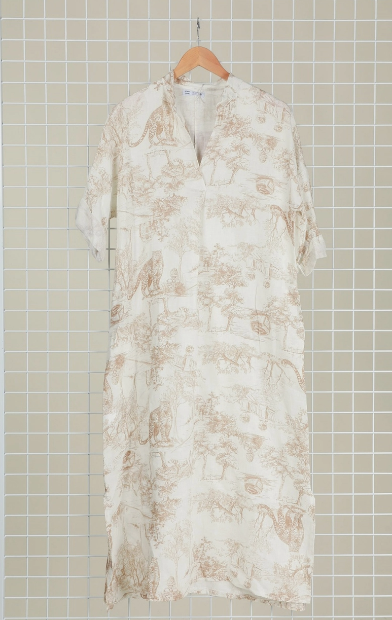 Linen Jungle Print Dress - 629340 - Camel