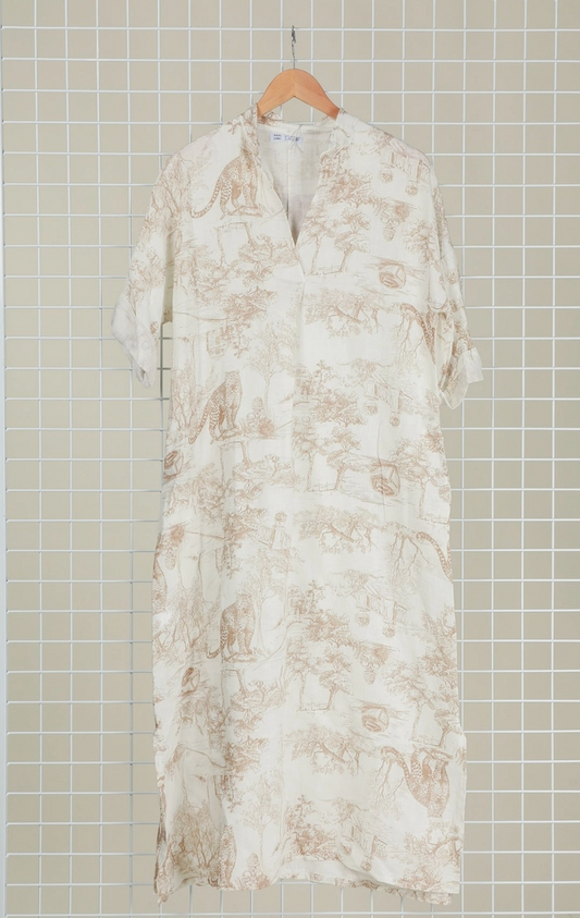 Linen Jungle Print Dress - 629340 - Camel