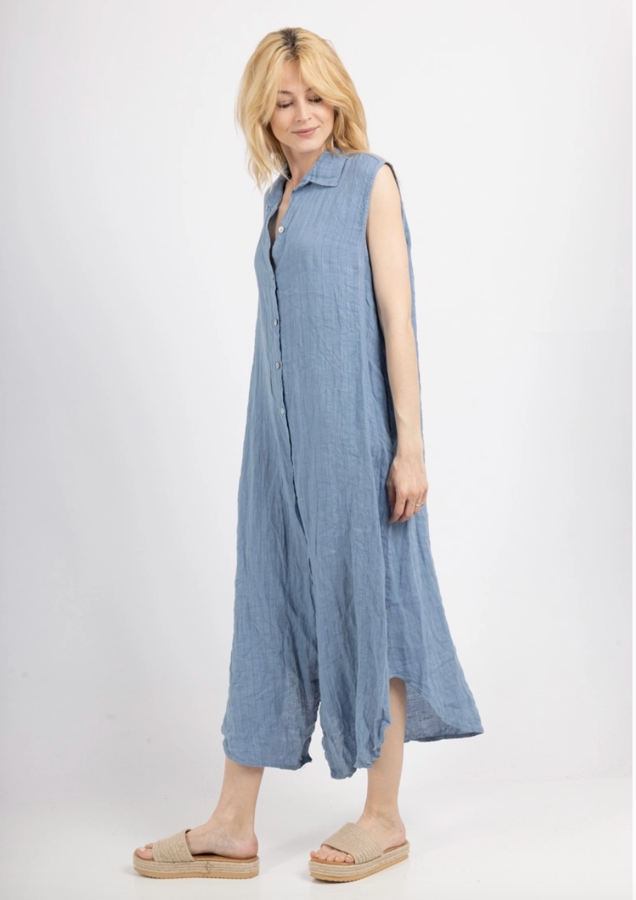 Linen Long Striped Dress - 4906 - Denim