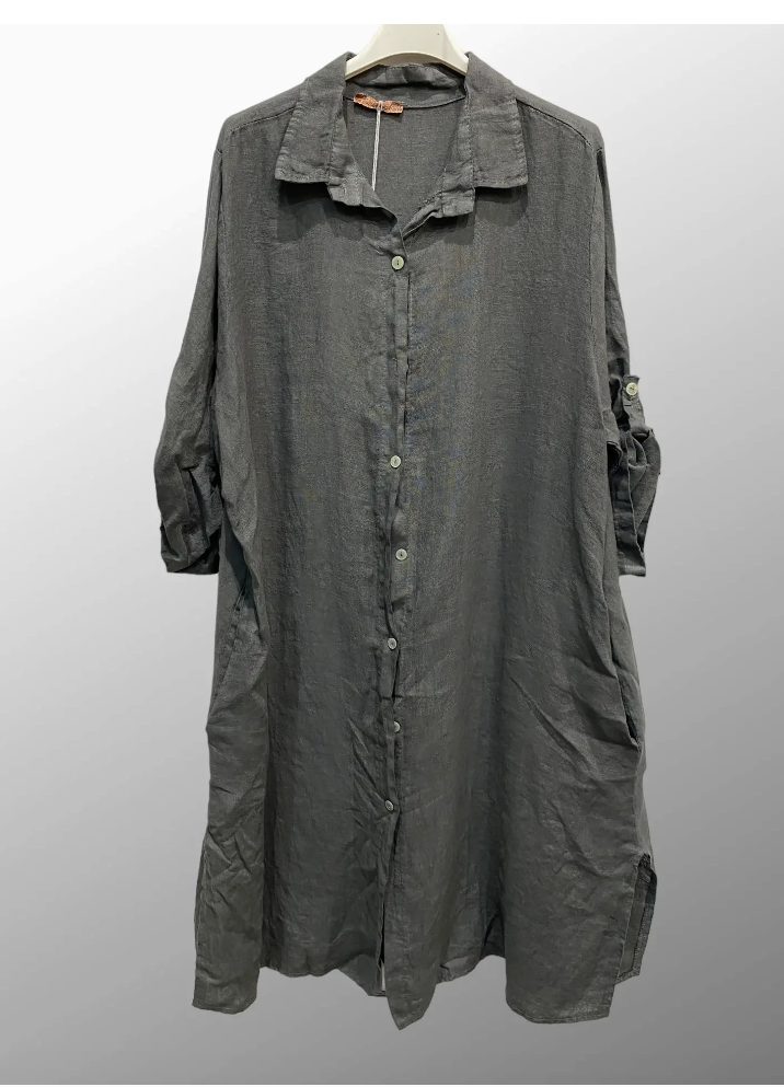 Linen Long Collared Shirt Dress - 693190 - Dark Grey