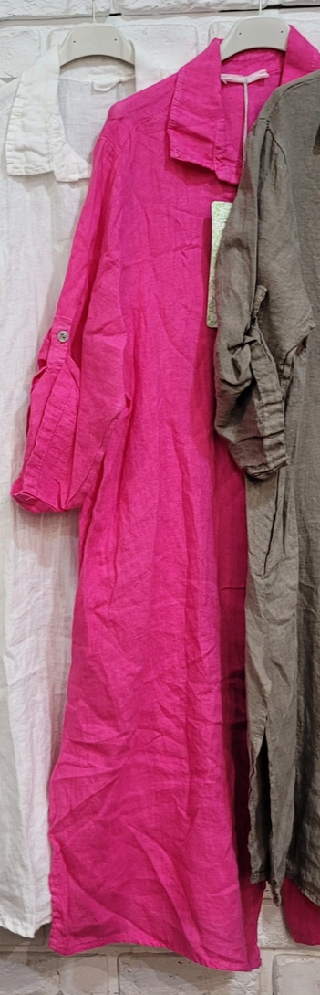 Linen Collared Long Shirt Dress - 693190 - Bright Pink