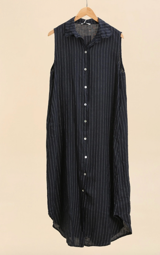 Linen Long Striped Dress - 4906 - Navy