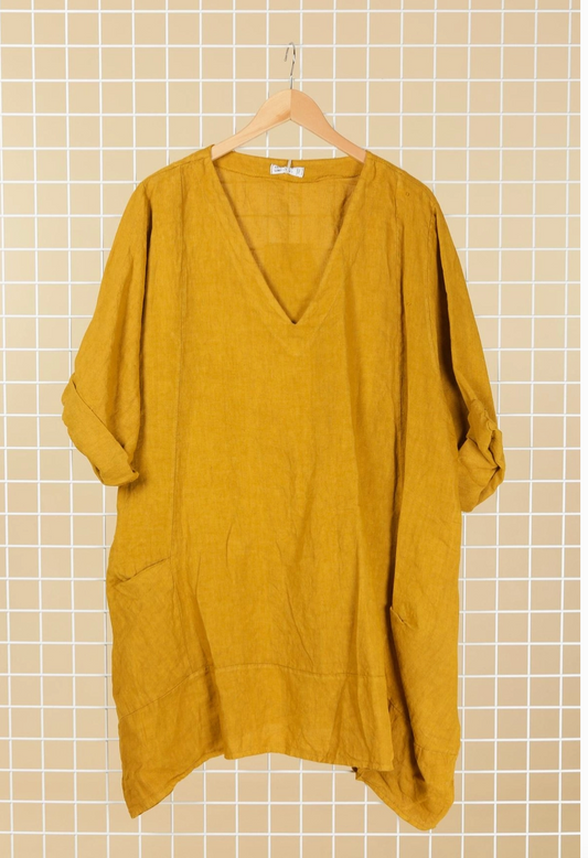 Linen Box Dress - 688176 - Mustard