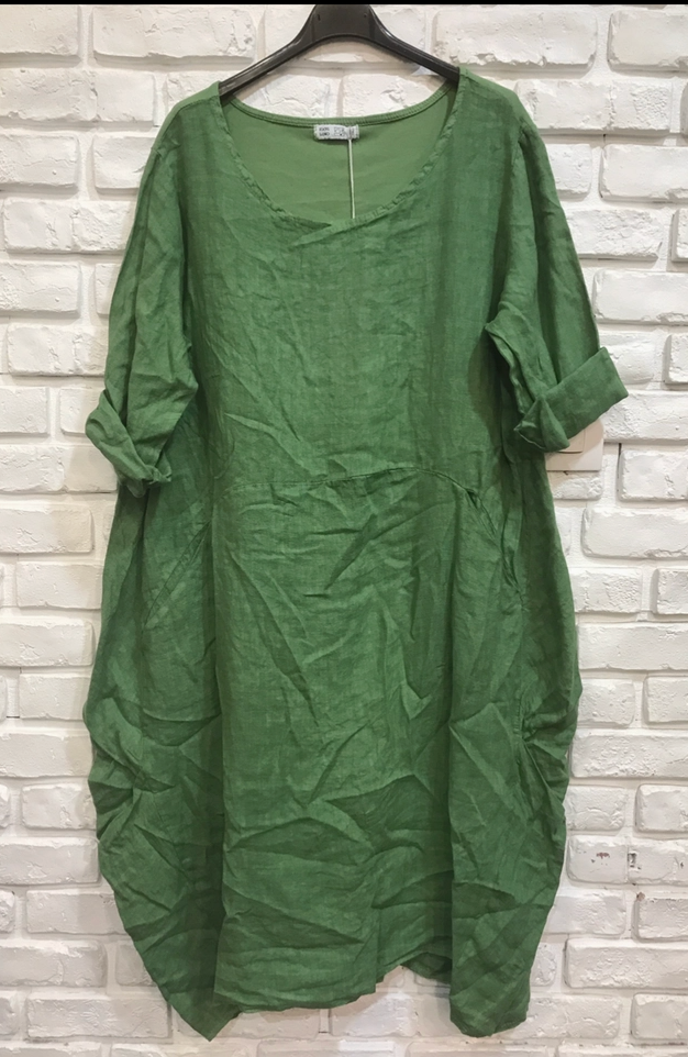 Linen Stretch Back Dress - 625344 - Green