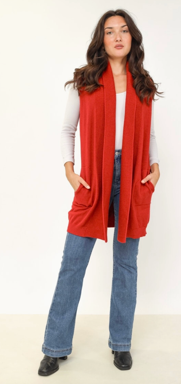 Shawl Neck Long Sweater Vest - 81618 - Red