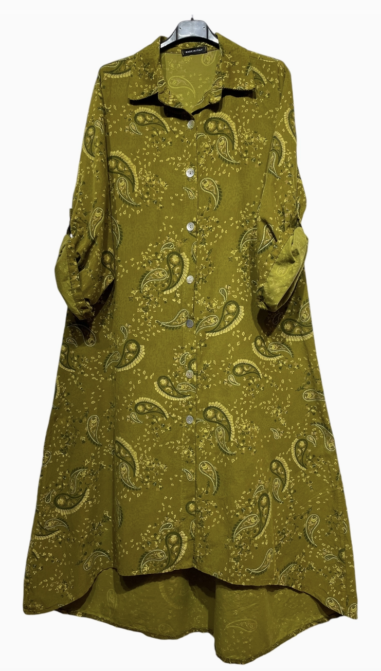 Long Velvet Button Down Paisley Dress - 57517 - Green