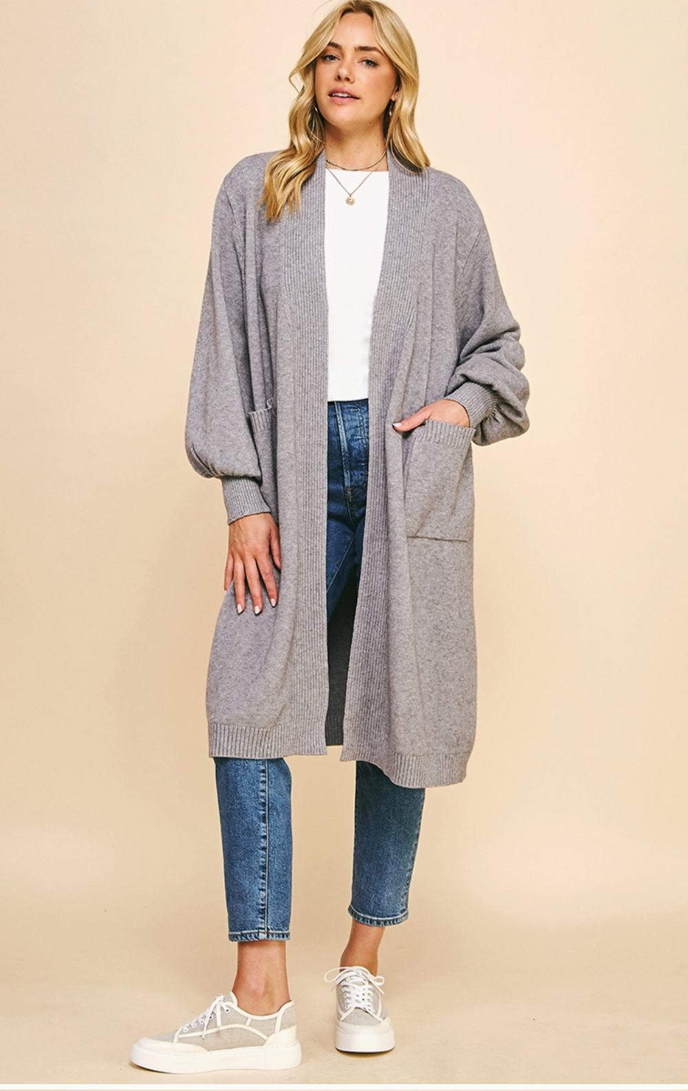 PINCH - Balloon Sleeve Cardigan - Grey - 5461 - M/L