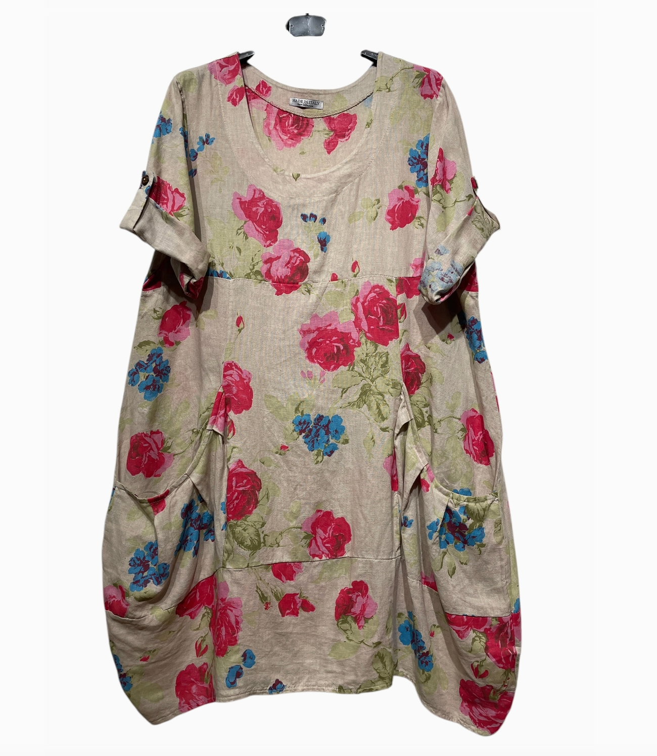 LINEN - Rose Print Dress - 0423 - Khaki