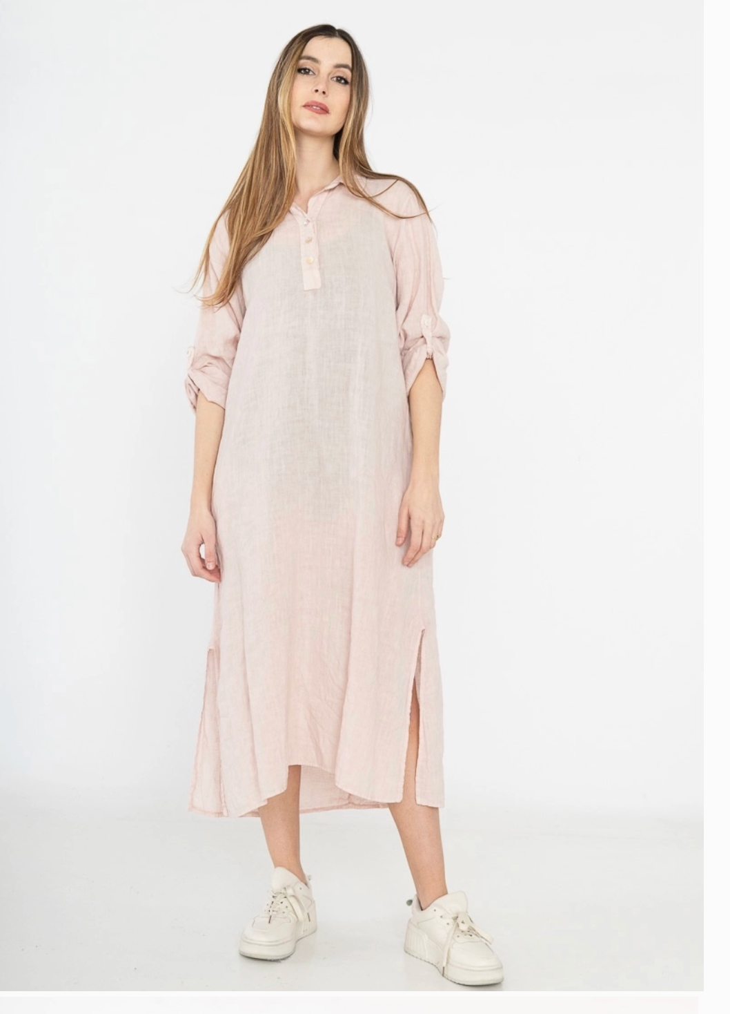 LINEN - Long Collared Dress - 00902 - Blush