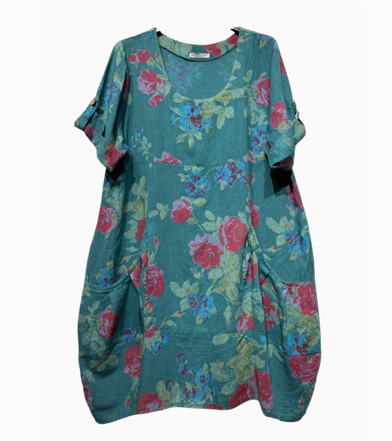 LINEN - Rose Print Dress - 0423 - Teal
