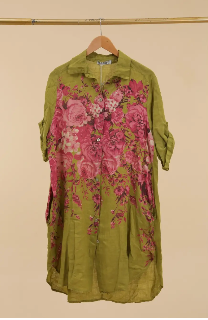 LINEN - Floral Burst Shirt Dress - 1898 - Anise
