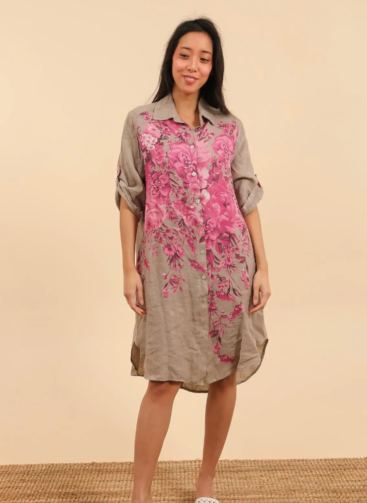 LINEN - Floral Burst Shirt Dress - 1898 - Anise
