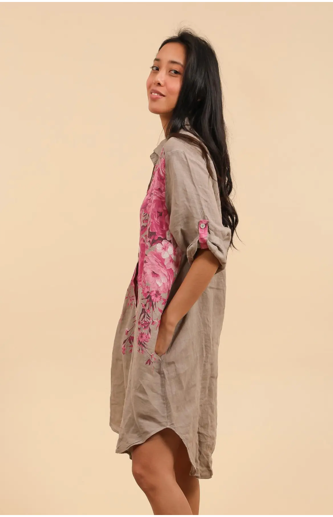 LINEN - Floral Burst Shirt Dress - 1898 - Anise