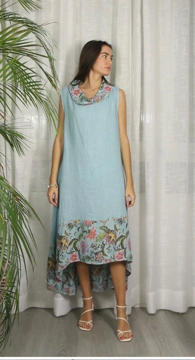 LINEN - Hi/Lo Sleeveless Floral Dress - 26179 - Pistachio