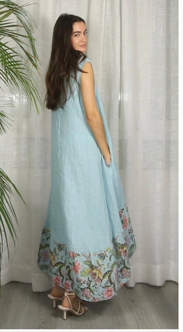 LINEN - Hi/Lo Sleeveless Floral Dress - 26179 - Pistachio