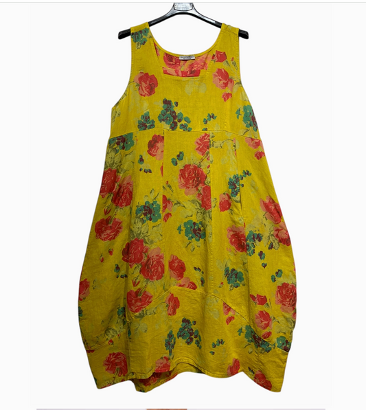 LINEN - Sleeveless Floral Pouf Dress - 8119 - Yellow
